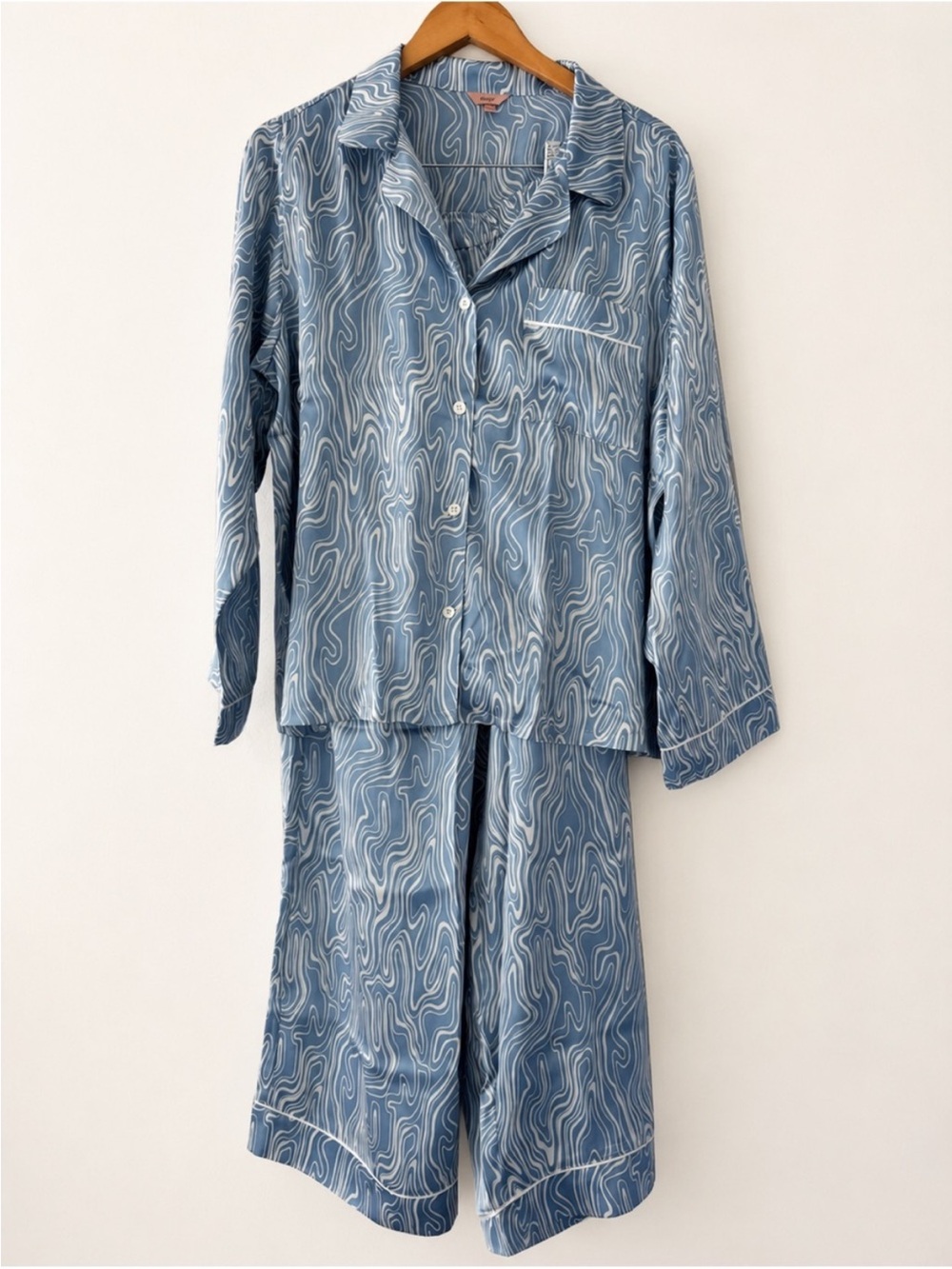 Eberjey Silk Pajama Set in Malachite Wedgewood Blue/Ivory size L